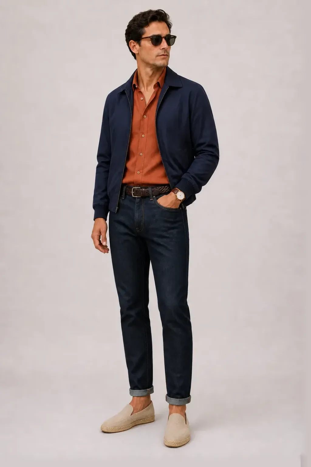 Harrington Blouson Navy über Leinenhemd, dazu Jeans Navy und Bootsschuh