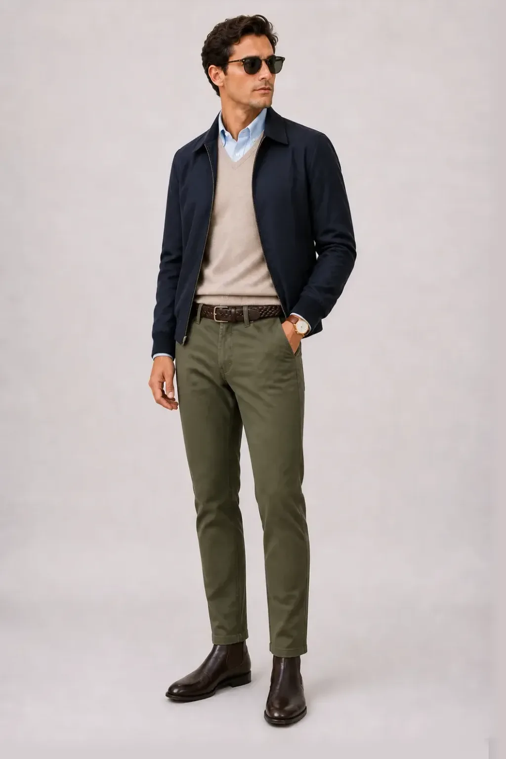 Harrington Blouson Navy über V-Neck-Pullover Feinstrick Schokobraun und Button-Down-Hemd Weiss, dazu Chino Oliv und Chelsea Boot — V-Neck-Pullover Feinstrick Beige