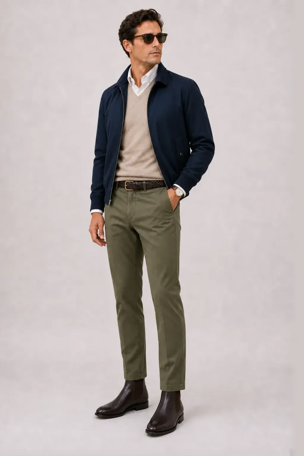 Harrington Blouson Navy über V-Neck-Pullover Feinstrick Beige und Button-Down-Hemd Hellblau, dazu Chino Oliv und Chelsea Boot — Button-Down-Hemd Weiss