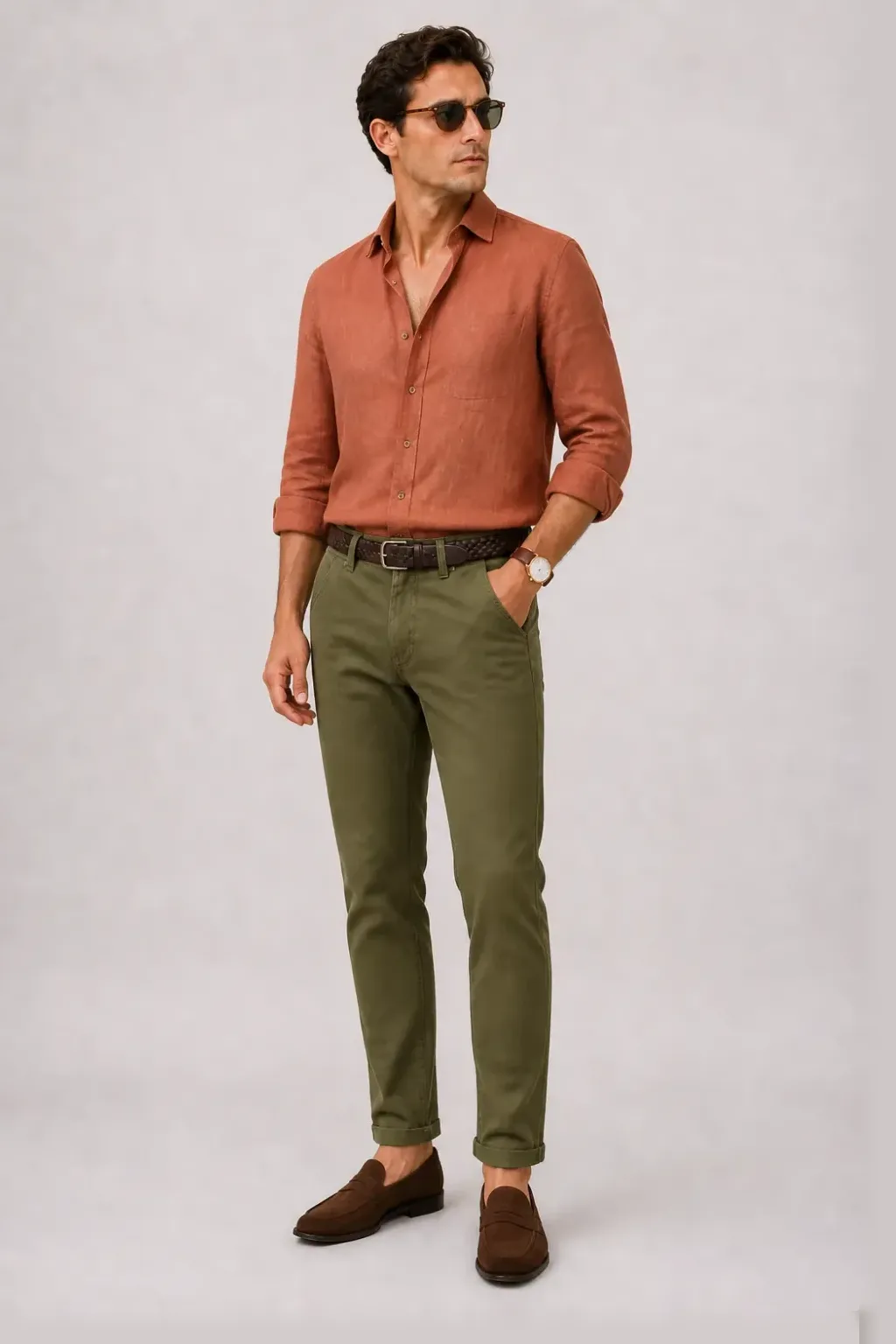 Button-Down-Hemd Hellblau, dazu Chino Oliv und Penny Loafer Wildleder — Leinenhemd Terrakotta