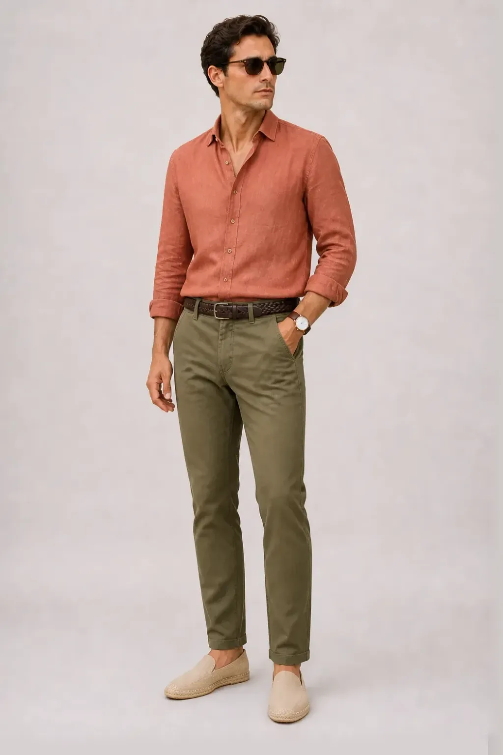 Leinenhemd Terrakotta, dazu Chino Oliv und Penny Loafer Wildleder