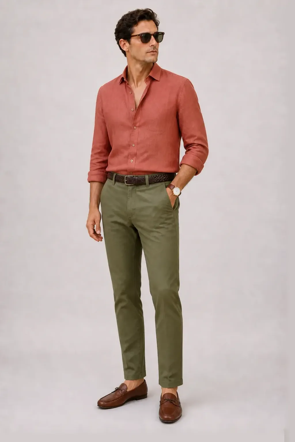Leinenhemd Terrakotta, dazu Chino Oliv und Penny Loafer Wildleder