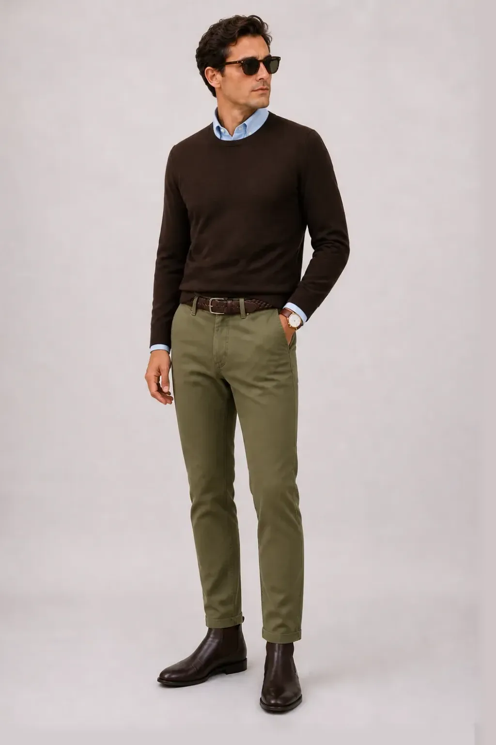 Crewneck-Pullover Feinstrick Schokobraun über Button-Down-Hemd, dazu Chino Oliv und Desert Boot — Button-Down-Hemd Hellblau