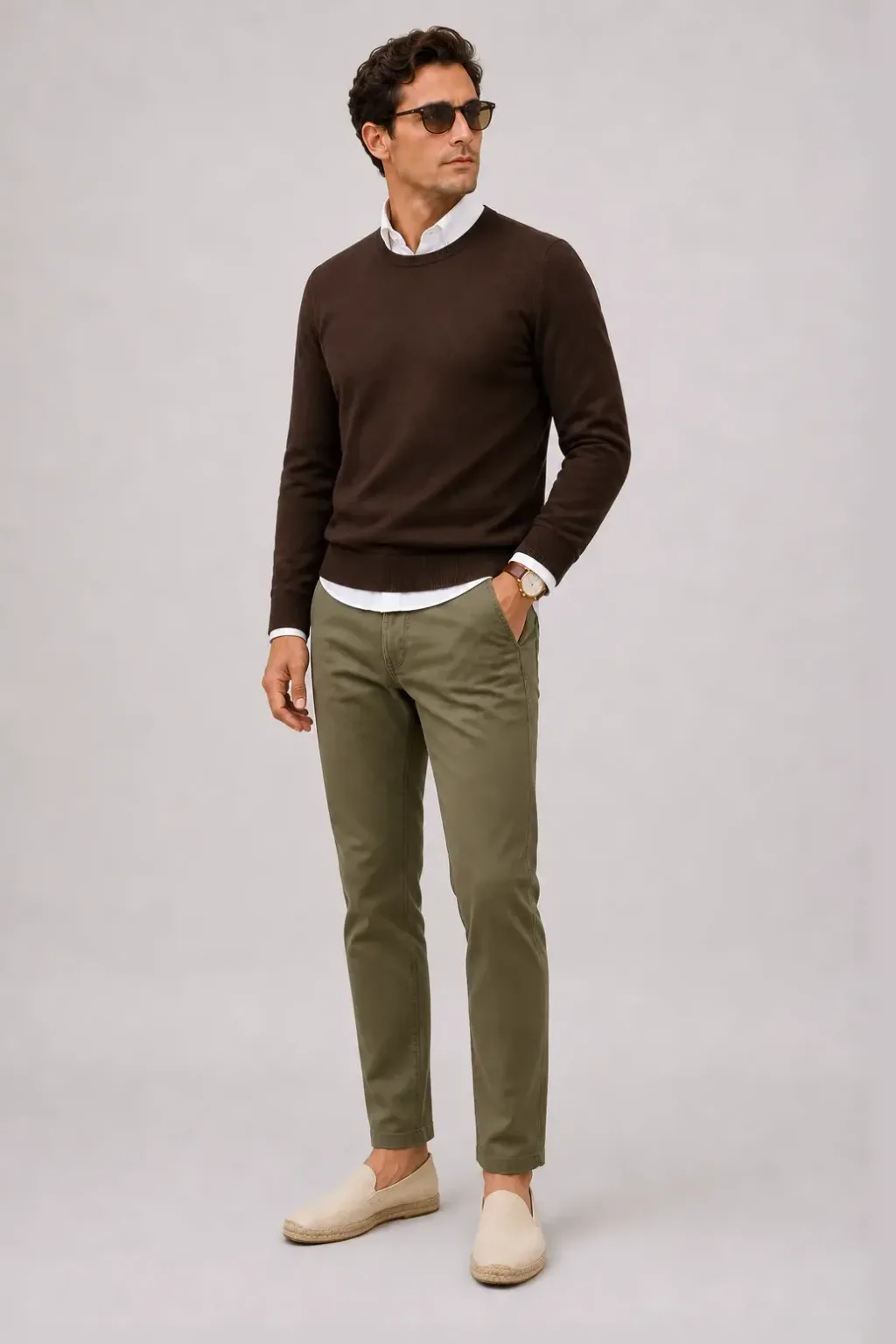 Crewneck-Pullover Feinstrick Schokobraun über Button-Down-Hemd, dazu Chino Oliv und Desert Boot