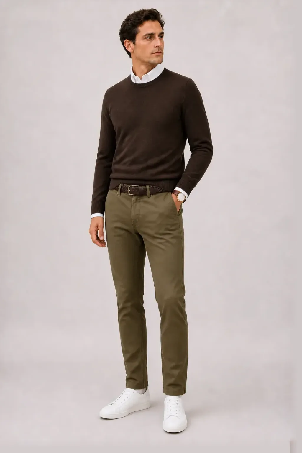 Crewneck-Pullover Feinstrick Schokobraun über Button-Down-Hemd, dazu Chino Oliv und Desert Boot