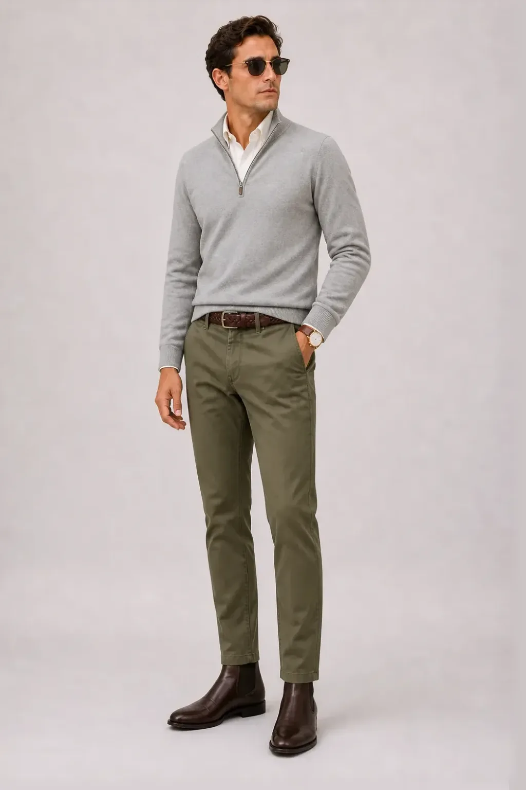 Half-Zip Pullover Feinstrick Hellgrau über Button-Down-Hemd, dazu Chino Oliv und Chelsea Boot Wildleder — Chelsea Boot Dunkelbraun