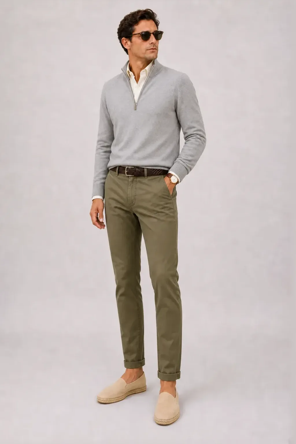Half-Zip Pullover Feinstrick Hellgrau über Button-Down-Hemd, dazu Chino Oliv und Chelsea Boot Wildleder — Espadrille Beige