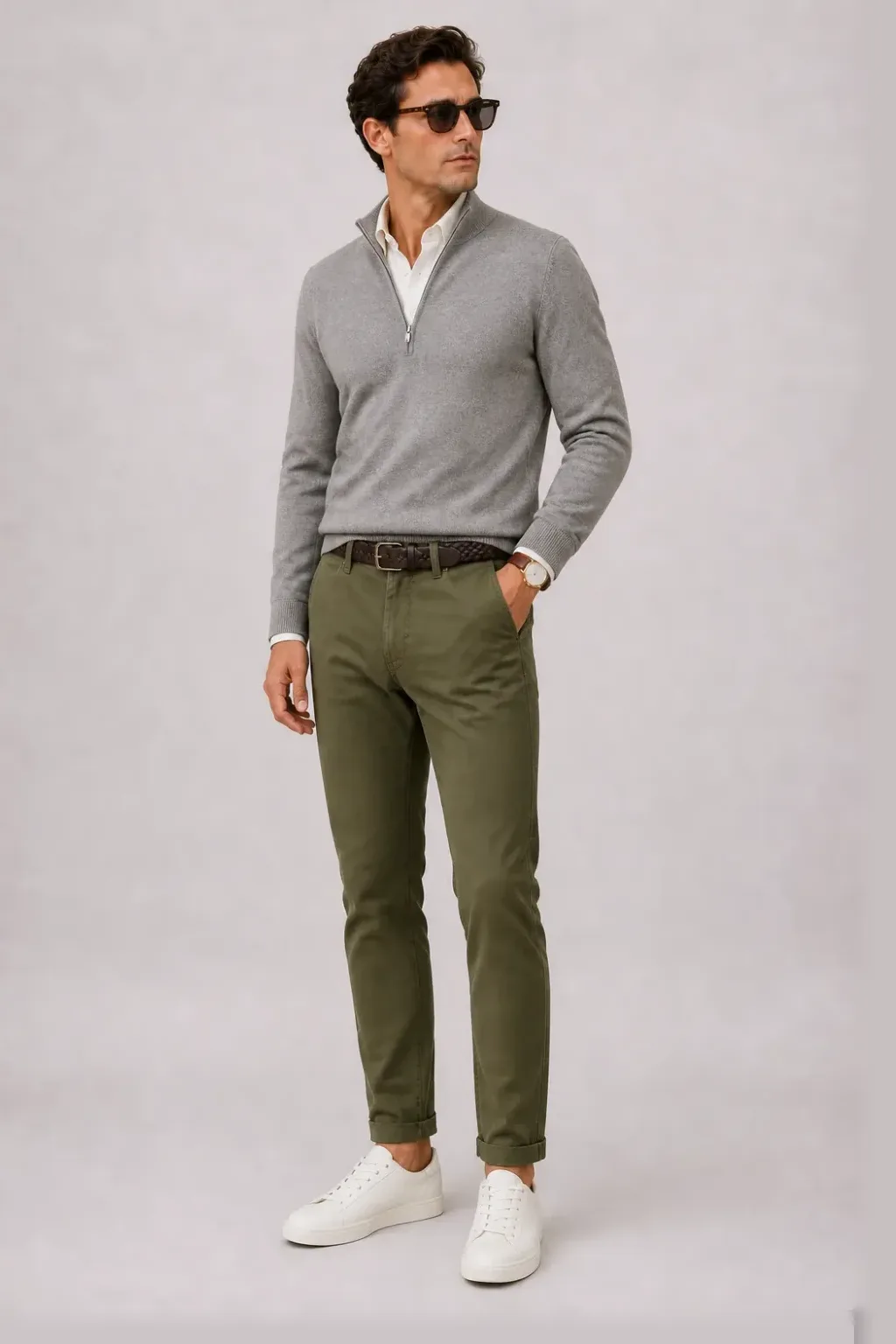 Half-Zip Pullover Feinstrick Hellgrau über Button-Down-Hemd, dazu Chino Oliv und Chelsea Boot Wildleder — Sneaker Off-White