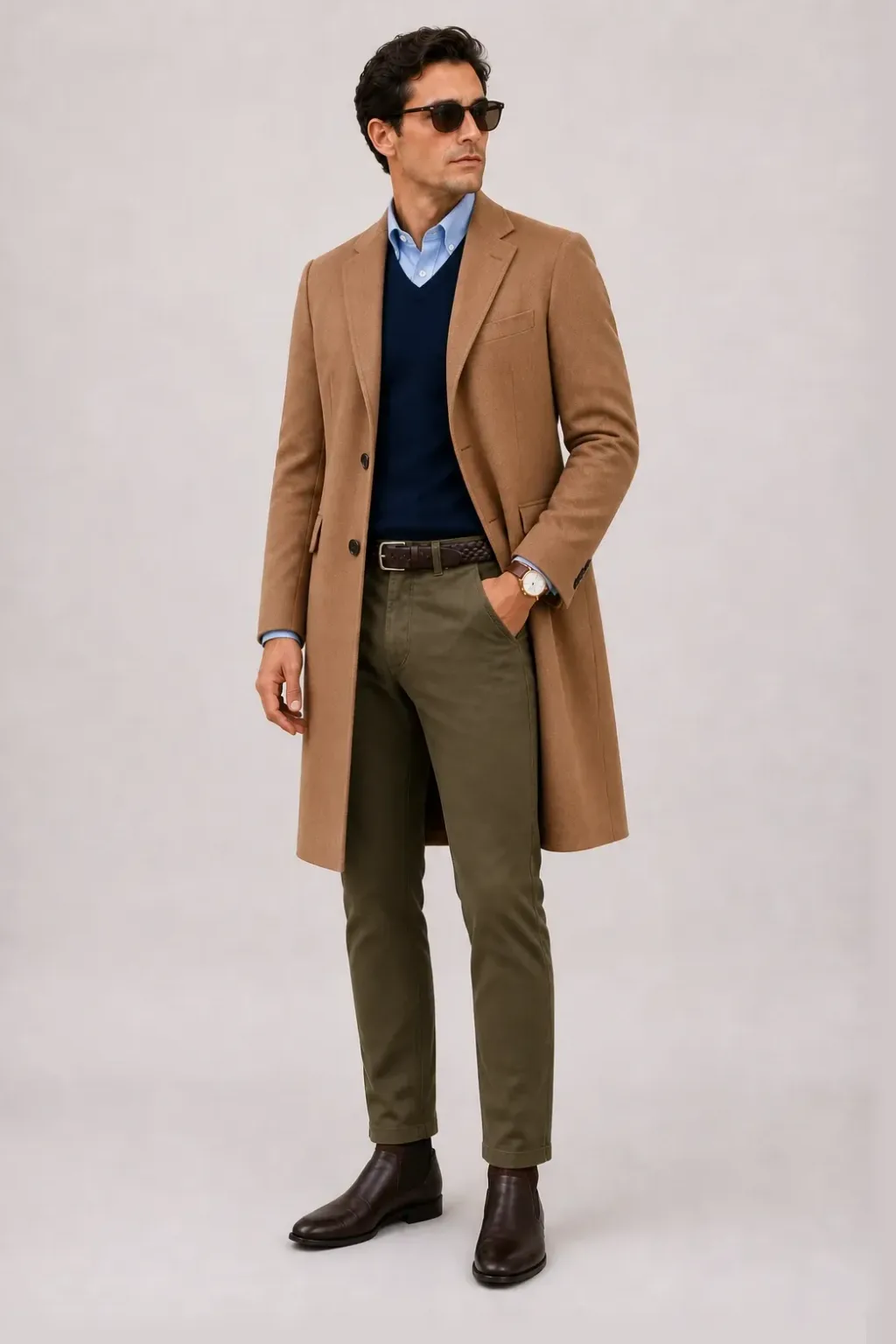 Langer Mantel Camel über V-Neck-Pullover Feinstrick Navy und Button-Down-Hemd Hellblau, dazu Chino Oliv und Chelsea Boot