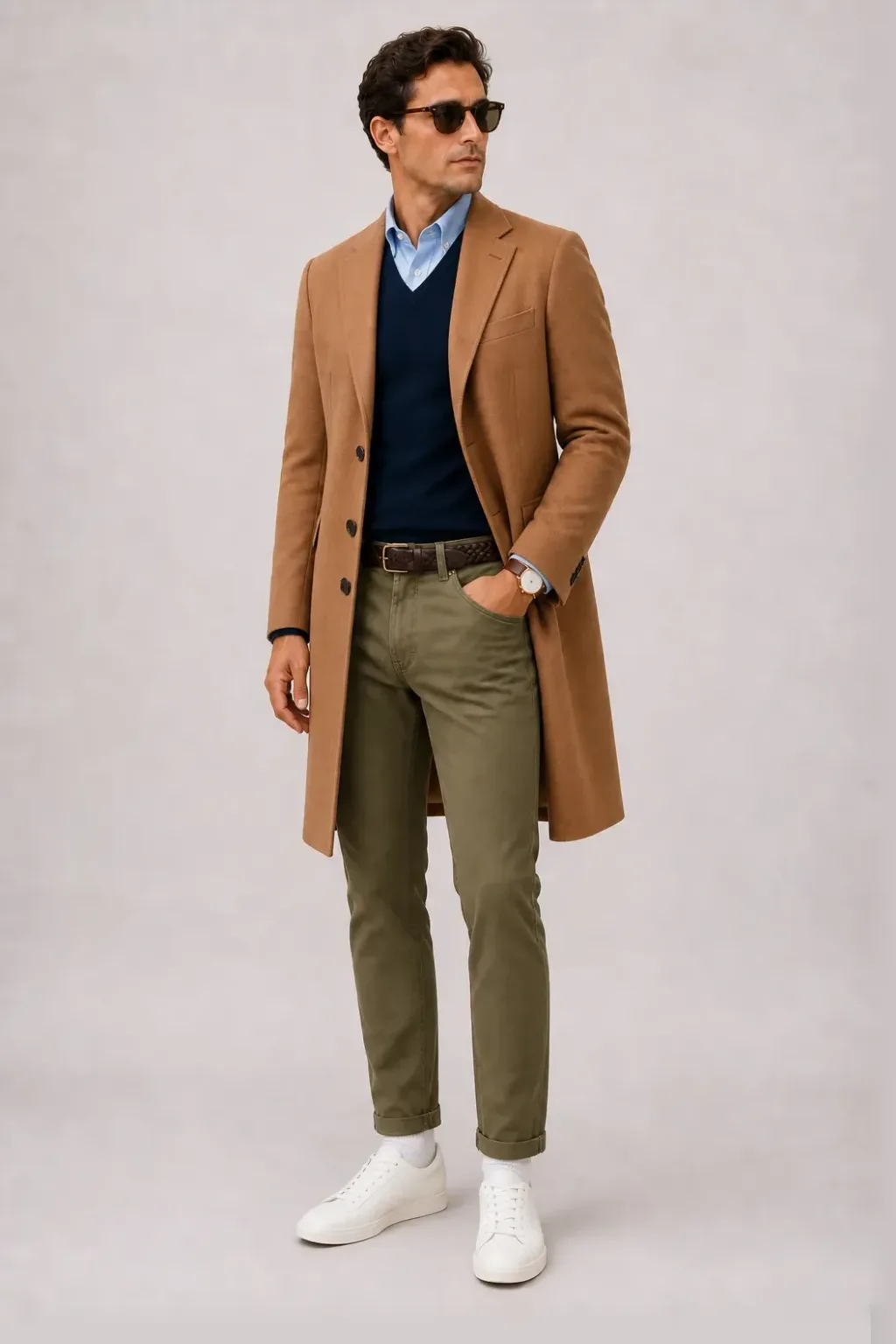 Langer Mantel Camel über V-Neck-Pullover Feinstrick Navy und Button-Down-Hemd Hellblau, dazu Chino Oliv und Chelsea Boot
