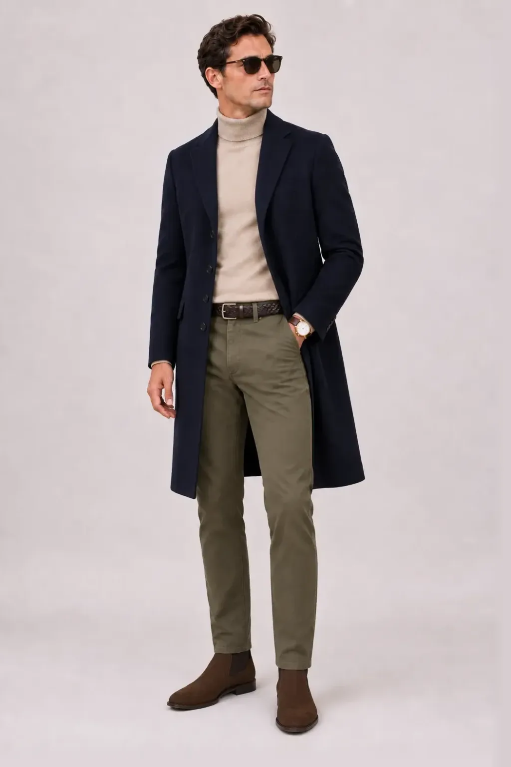 Langer Mantel Navy über Crewneck-Pullover Feinstrick Beige und T-Shirt Weiss, dazu Cordhose Oliv und Chelsea Boot — ≈ Rollkragenpullover pur Chino statt Cordhose +1