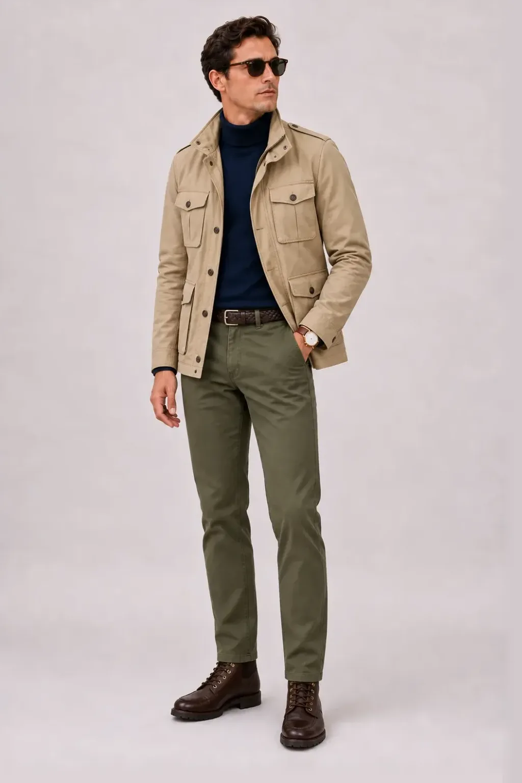 Field Jacket Beige über Rollkragenpullover, dazu Chino Oliv und Work Boot