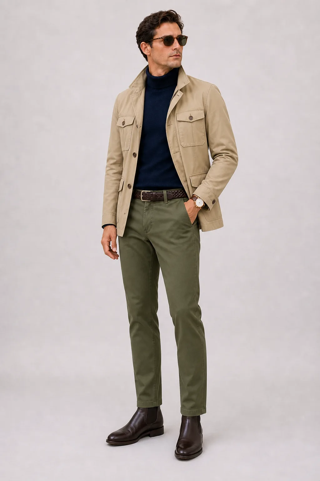 Field Jacket Beige über Rollkragenpullover, dazu Chino Oliv und Work Boot