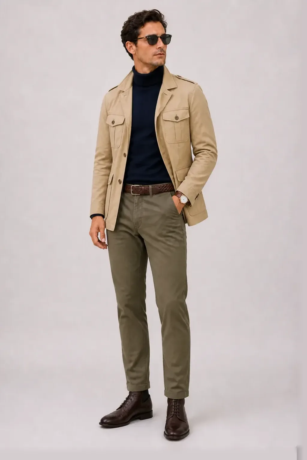 Field Jacket Beige über Rollkragenpullover, dazu Chino Oliv und Work Boot — Dress-Boot Dunkelbraun