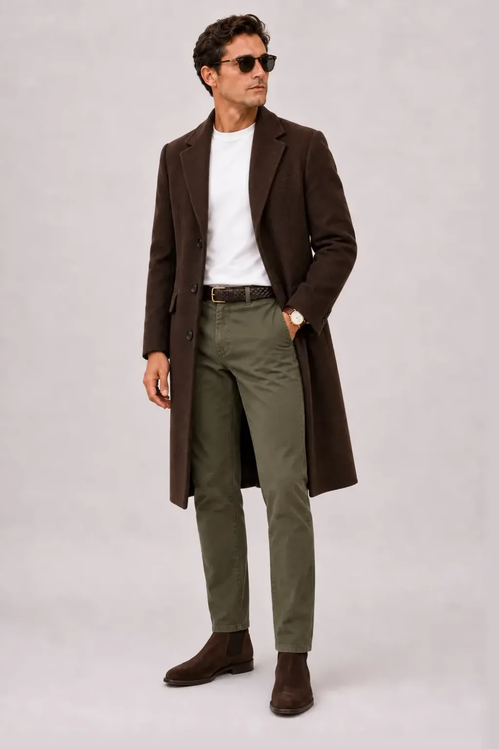 Langer Mantel Dunkelbraun über T-Shirt, dazu Chino Oliv und Chelsea Boot Wildleder