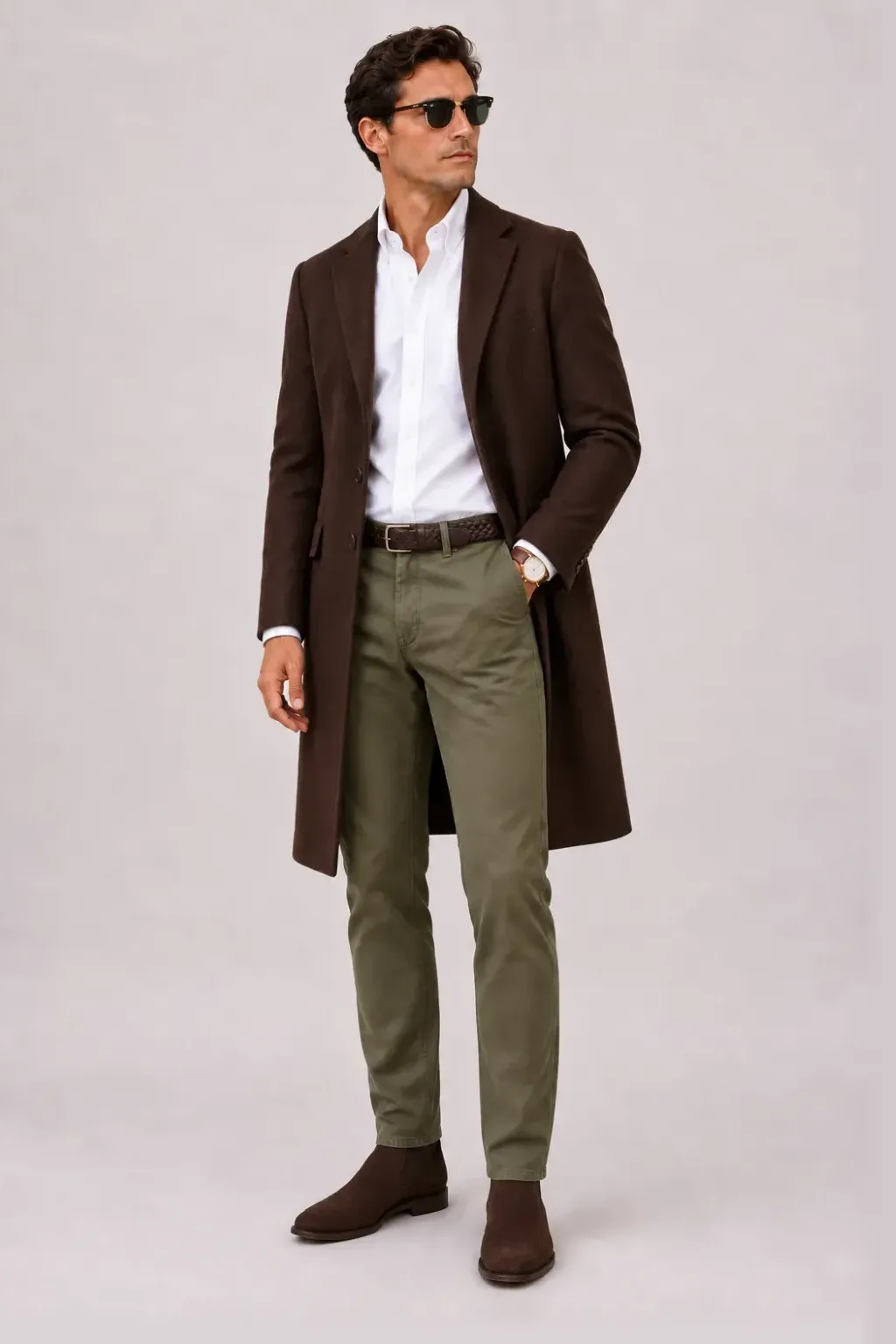 Langer Mantel Dunkelbraun über Button-Down-Hemd, dazu Chino Oliv und Chelsea Boot Wildleder