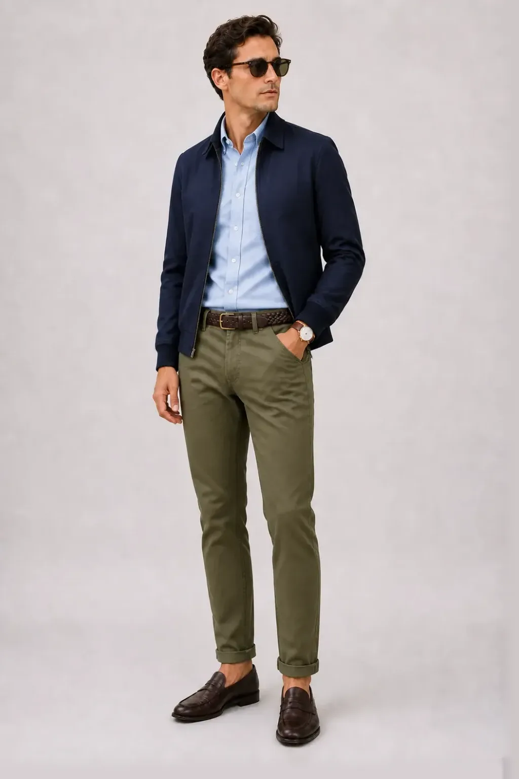 Harrington Blouson Navy über Button-Down-Hemd, dazu Cordhose Oliv und Chelsea Boot — ≈ Button-Down-Hemd pur Chino statt Cordhose +1