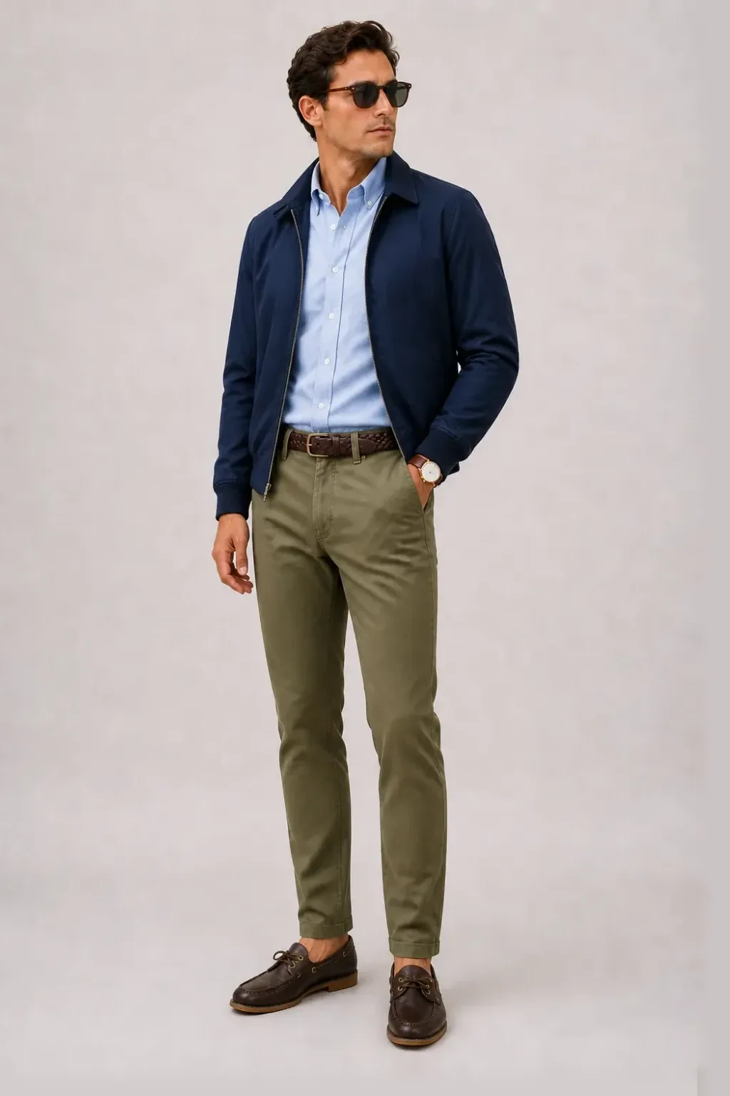 Harrington Blouson Navy über Button-Down-Hemd, dazu Chino Oliv und Penny Loafer