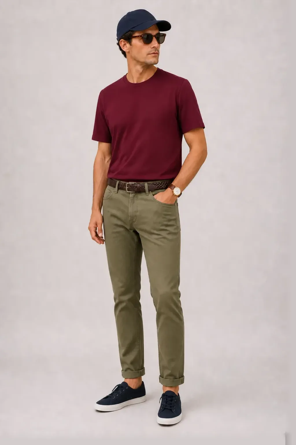 T-Shirt Bordeaux, dazu Chino Creme und Canvas Sneaker — Chino Oliv