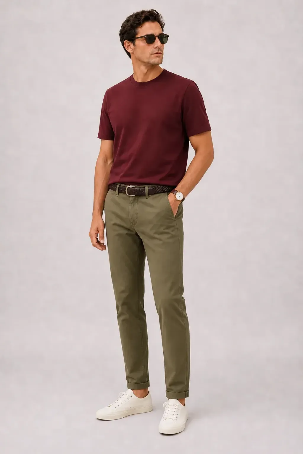 T-Shirt Bordeaux, dazu Chino Oliv und Canvas Sneaker