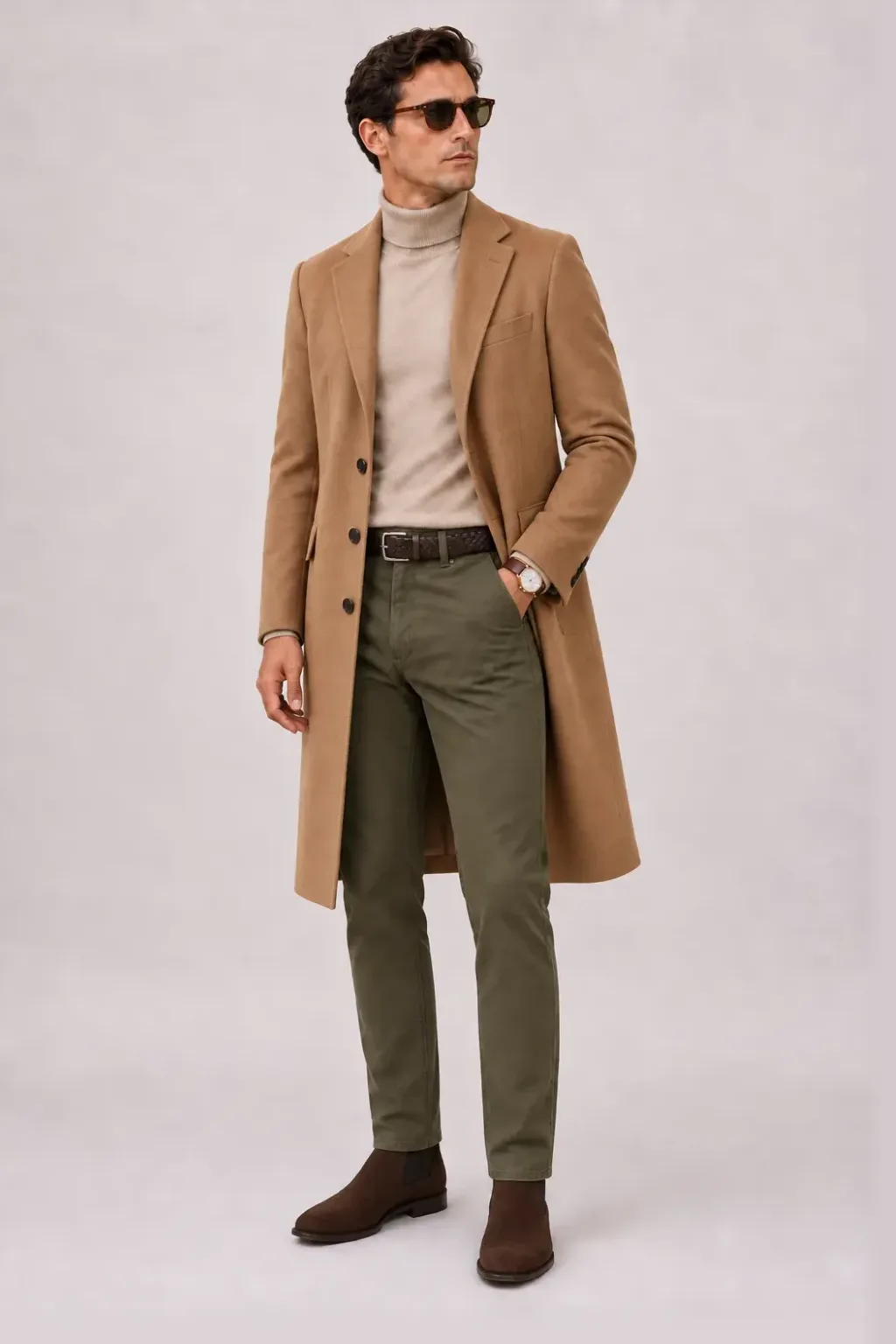 Langer Mantel Camel über Rollkragenpullover, dazu Chino Oliv und Chelsea Boot Wildleder