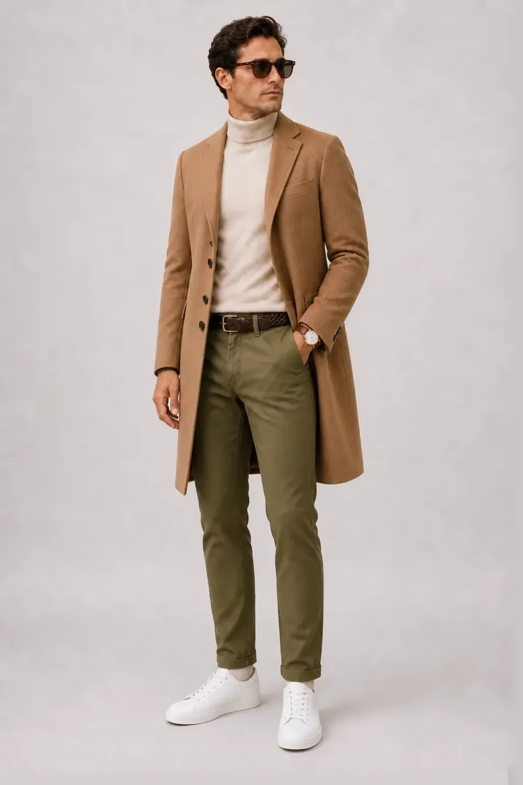 Langer Mantel Camel über Rollkragenpullover, dazu Chino Oliv und Chelsea Boot Wildleder