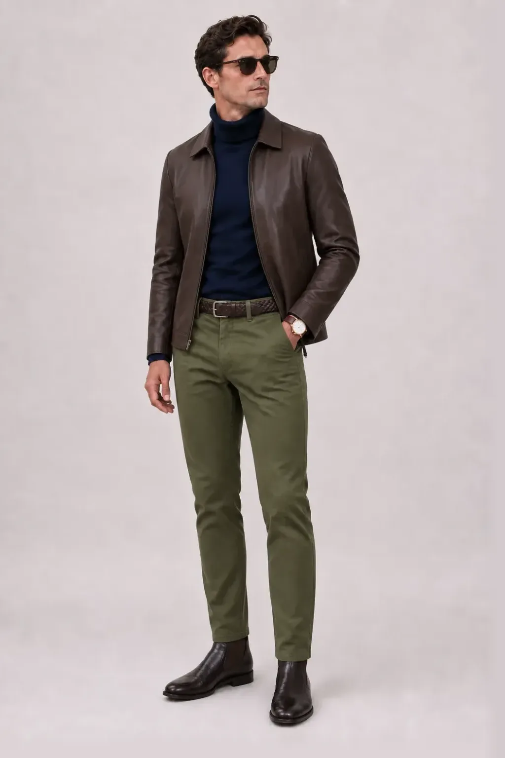 Lederjacke Dunkelbraun über Rollkragenpullover, dazu Chino Oliv und Chelsea Boot