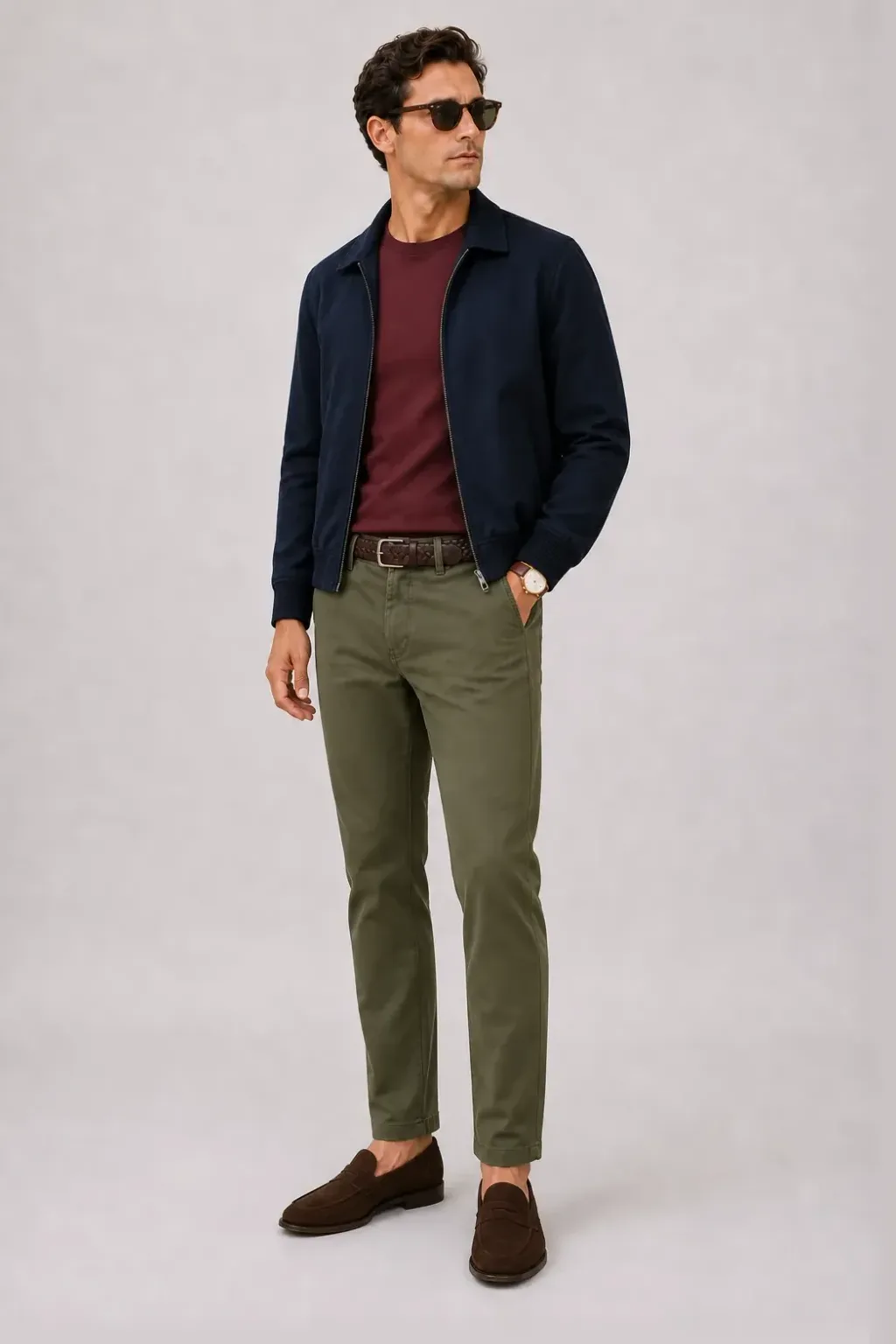 Harrington Blouson Navy über T-Shirt, dazu Chino Oliv und Penny Loafer Wildleder