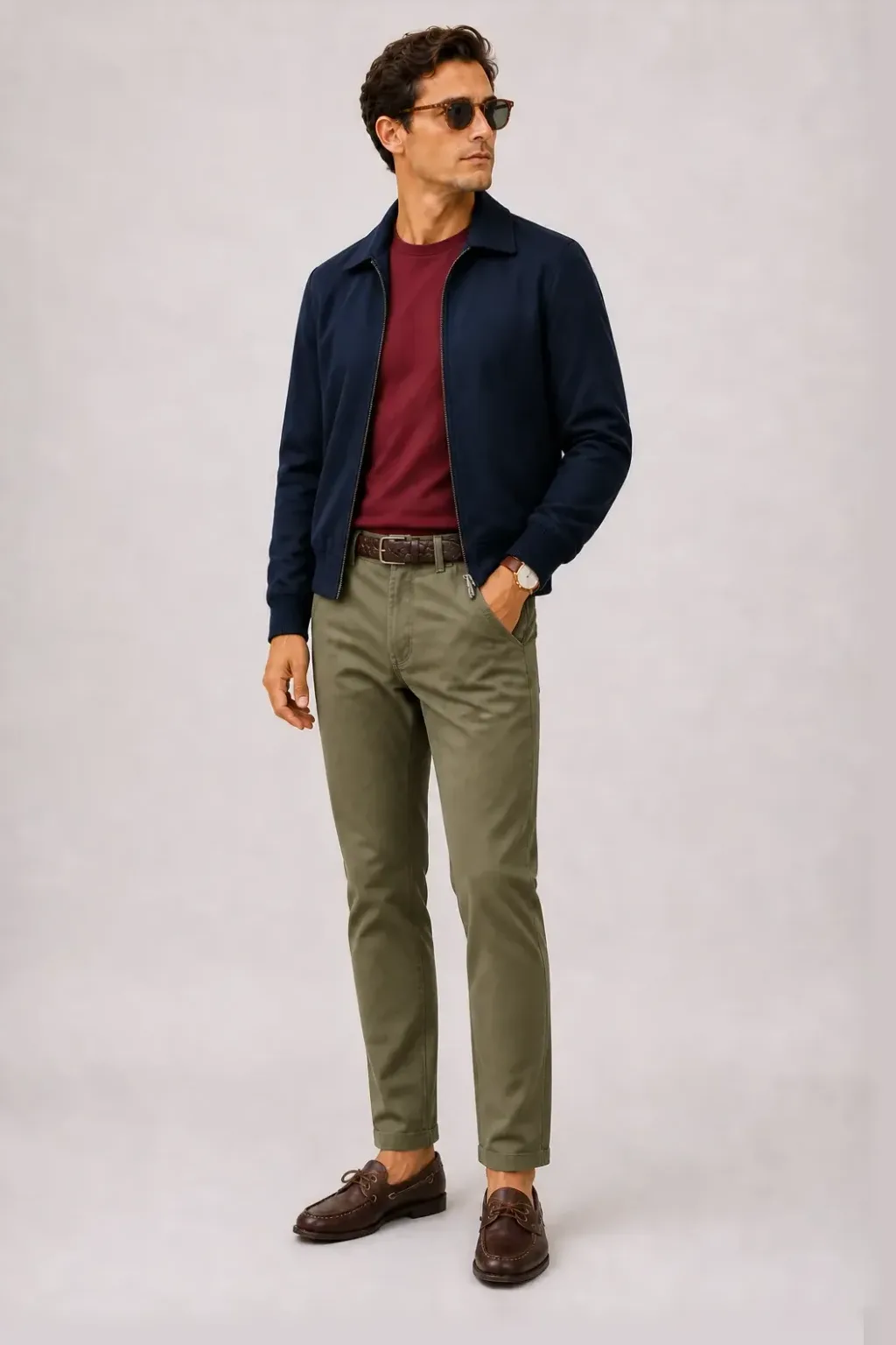 Harrington Blouson Navy über T-Shirt, dazu Chino Oliv und Penny Loafer Wildleder — Bootsschuh Dunkelbraun