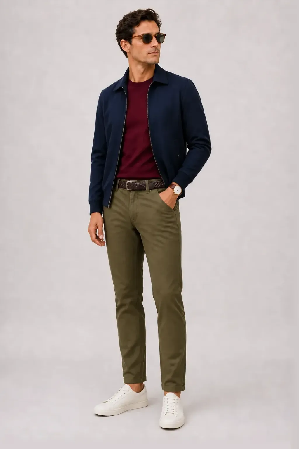 Harrington Blouson Navy über T-Shirt, dazu Chino Oliv und Penny Loafer Wildleder — Canvas Sneaker Off-White