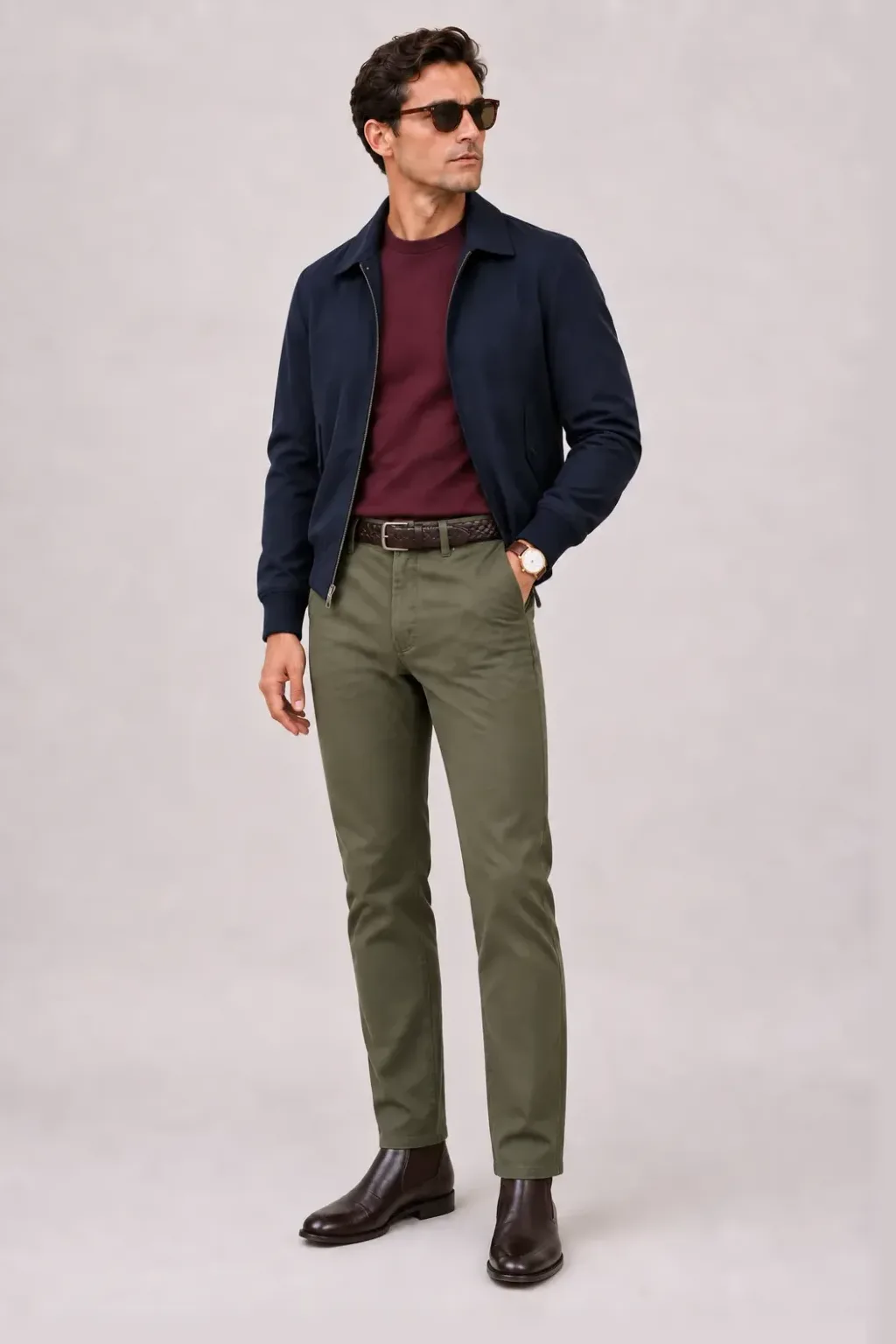 Harrington Blouson Navy über T-Shirt, dazu Chino Oliv und Penny Loafer Wildleder — Chelsea Boot Dunkelbraun