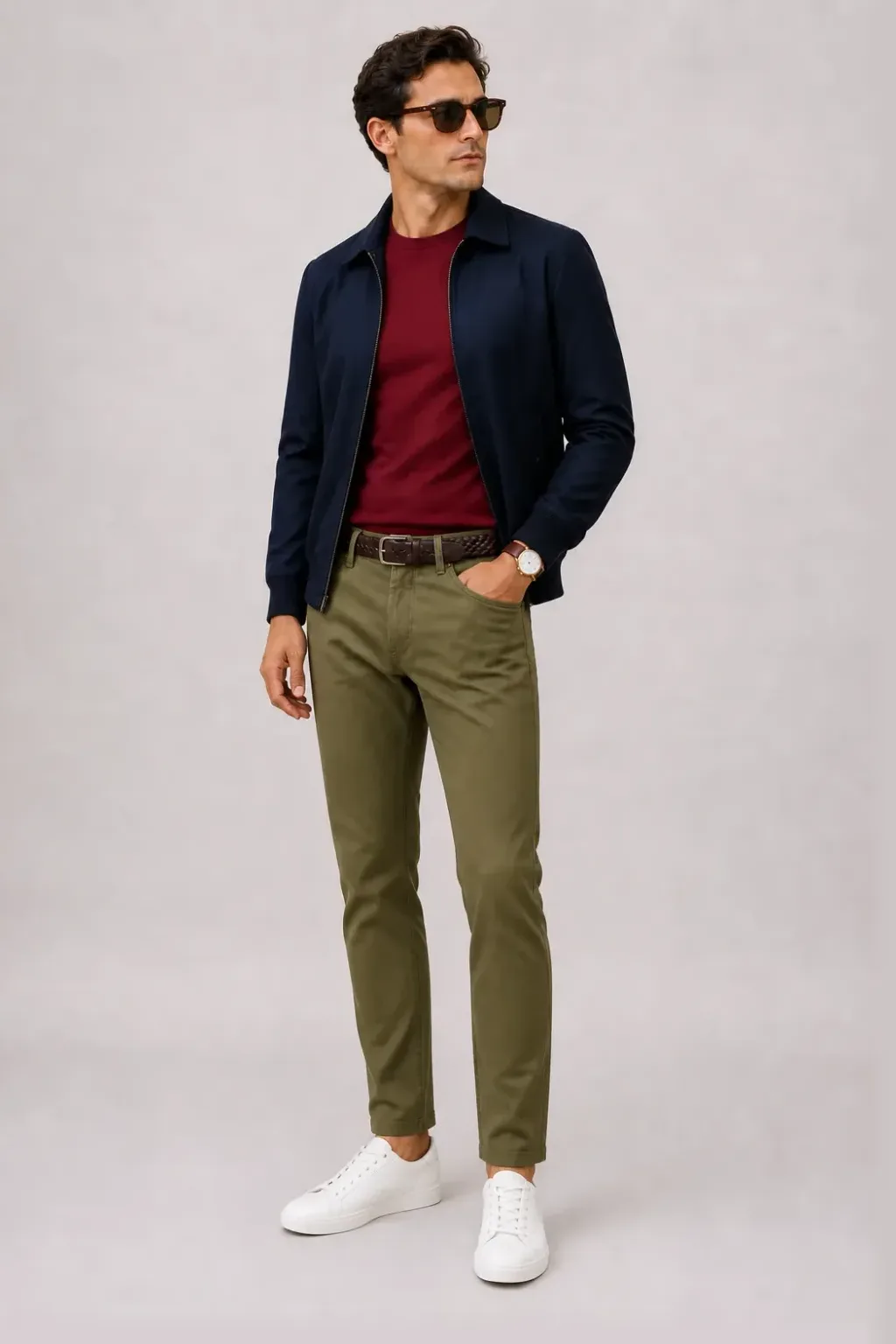 Harrington Blouson Navy über T-Shirt, dazu Chino Oliv und Penny Loafer Wildleder