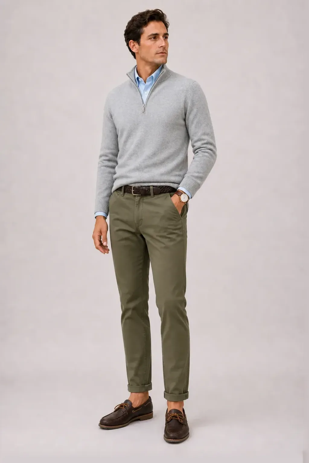 Half-Zip Pullover Feinstrick Hellgrau über Button-Down-Hemd, dazu Chino Oliv und Canvas Sneaker — Bootsschuh Dunkelbraun