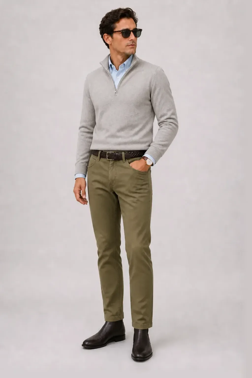 Half-Zip Pullover Feinstrick Hellgrau über Button-Down-Hemd, dazu Chino Oliv und Canvas Sneaker — Chelsea Boot Dunkelbraun