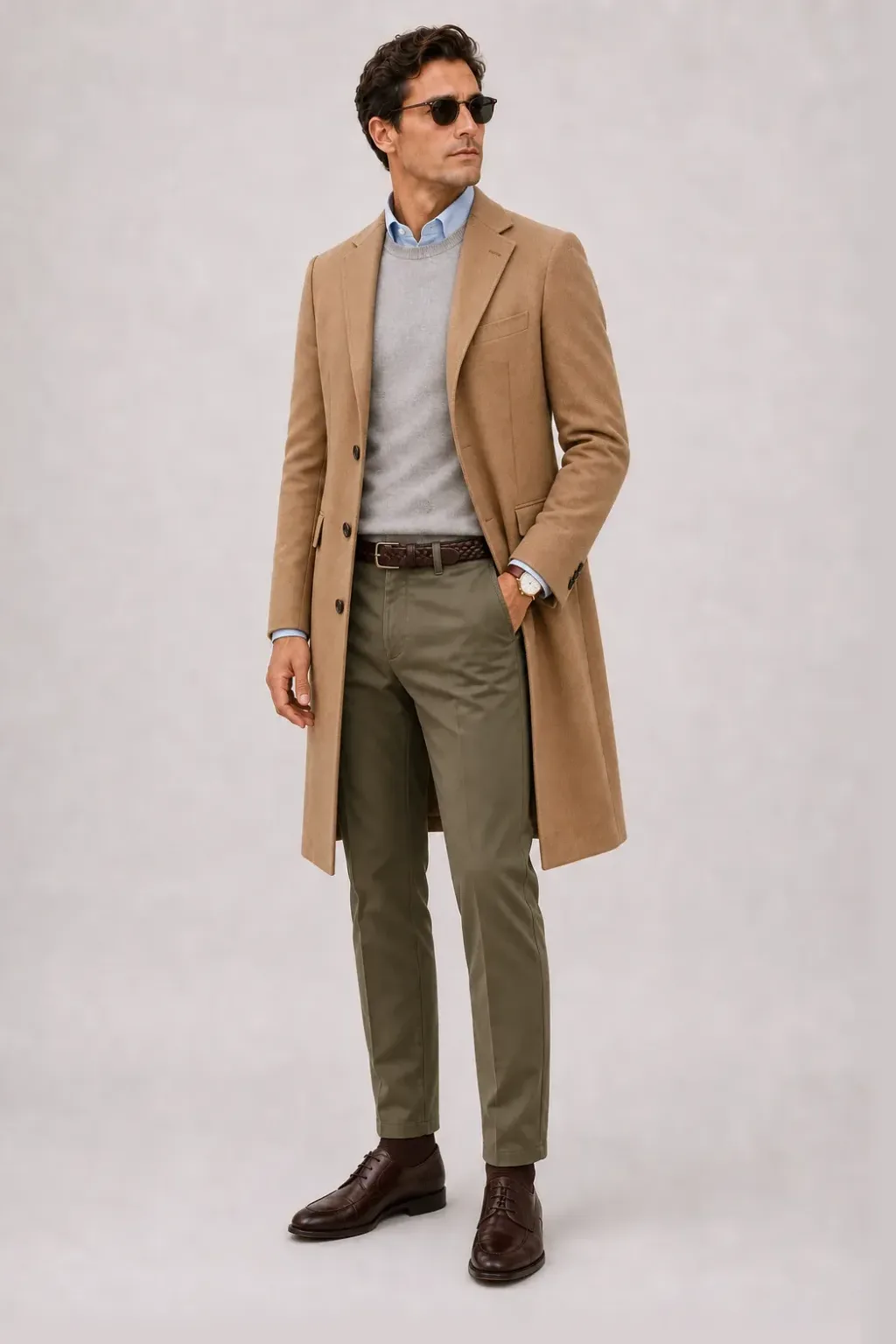 Langer Mantel Camel über Crewneck-Pullover Feinstrick, dazu Chino Oliv und Derby