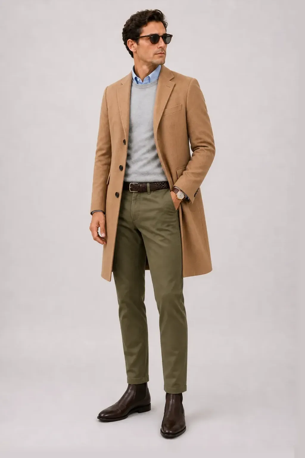 Langer Mantel Camel über Crewneck-Pullover Feinstrick, dazu Chino Oliv und Derby