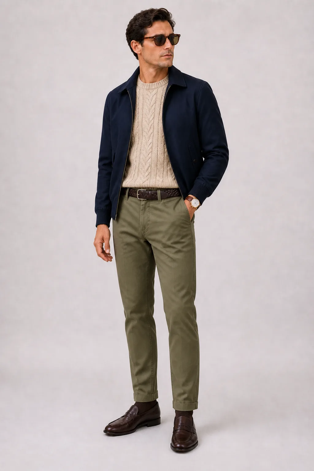 Harrington Blouson Navy über Zopfstrick-Pullover, dazu Chino Oliv und Chelsea Boot Wildleder — Penny Loafer Dunkelbraun