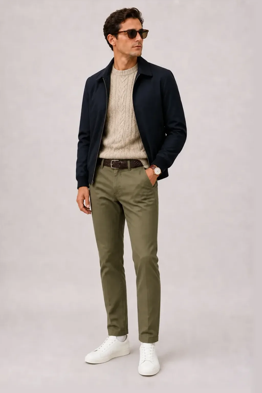 Harrington Blouson Navy über Zopfstrick-Pullover, dazu Chino Oliv und Chelsea Boot Wildleder