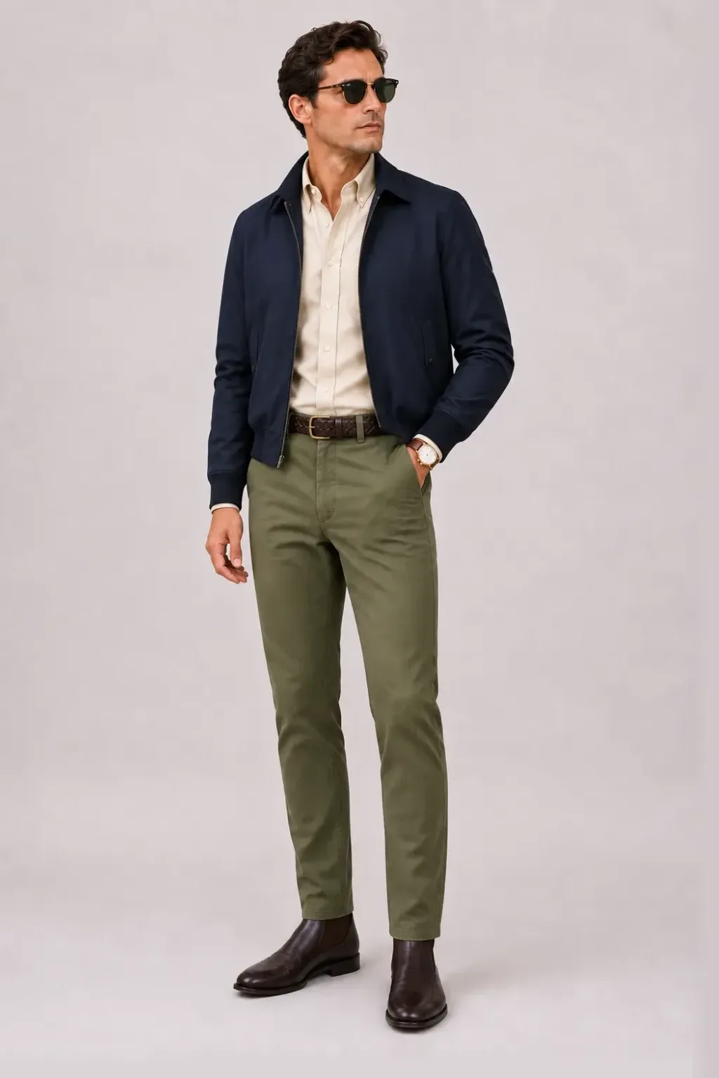 Harrington Blouson Navy über V-Neck-Pullover Feinstrick Schokobraun und Button-Down-Hemd Weiss, dazu Chino Oliv und Chelsea Boot — Button-Down-Hemd Beige