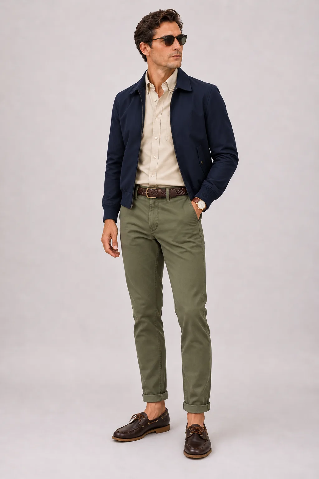 Harrington Blouson Navy über Button-Down-Hemd, dazu Chino Oliv und Chelsea Boot