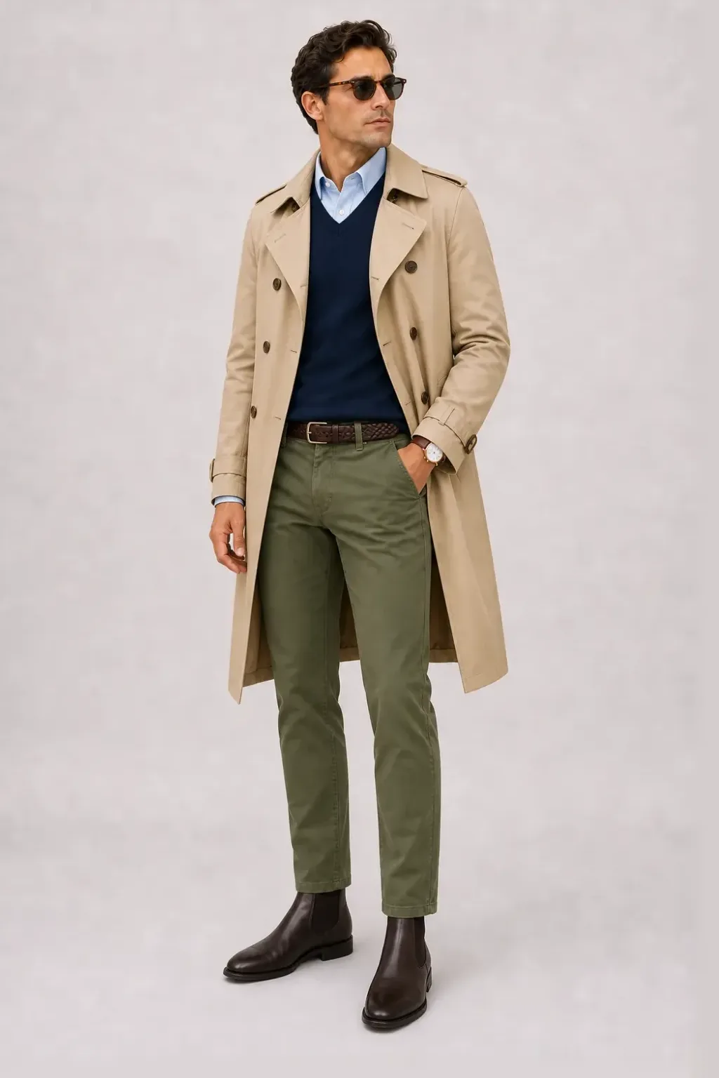 Trenchcoat Beige über V-Neck-Pullover Feinstrick, dazu Chino Oliv und Chelsea Boot