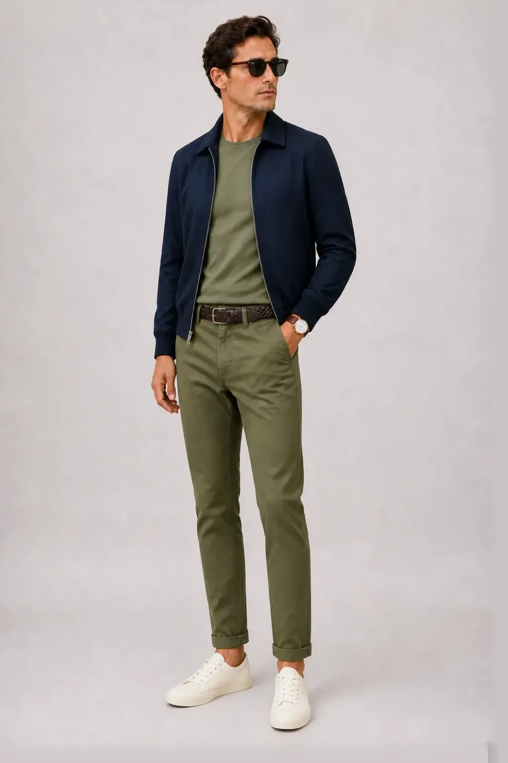 Harrington Blouson Navy über T-Shirt Oliv, dazu Chino Oliv und Canvas Sneaker