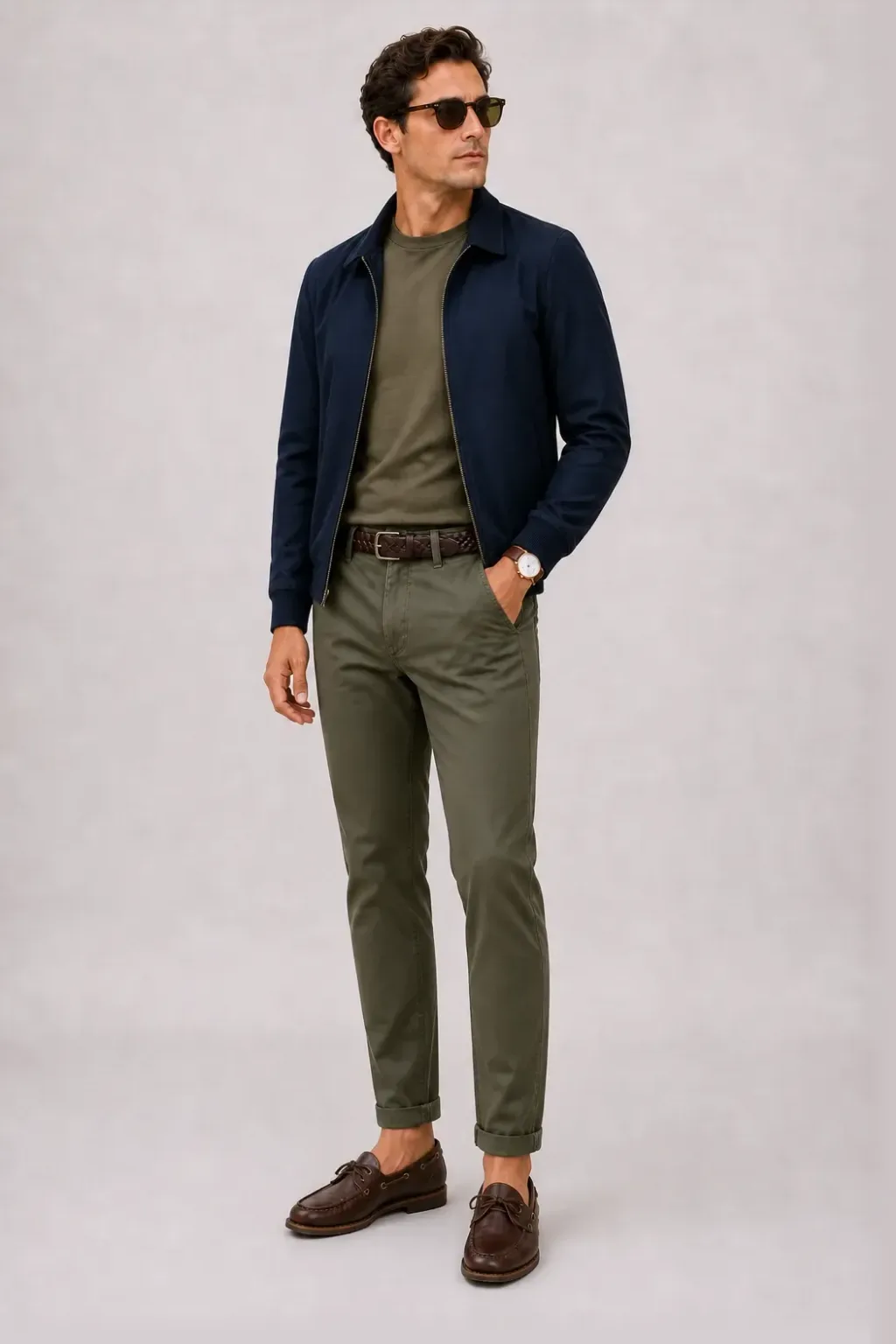 Harrington Blouson Navy über T-Shirt Oliv, dazu Chino Oliv und Canvas Sneaker