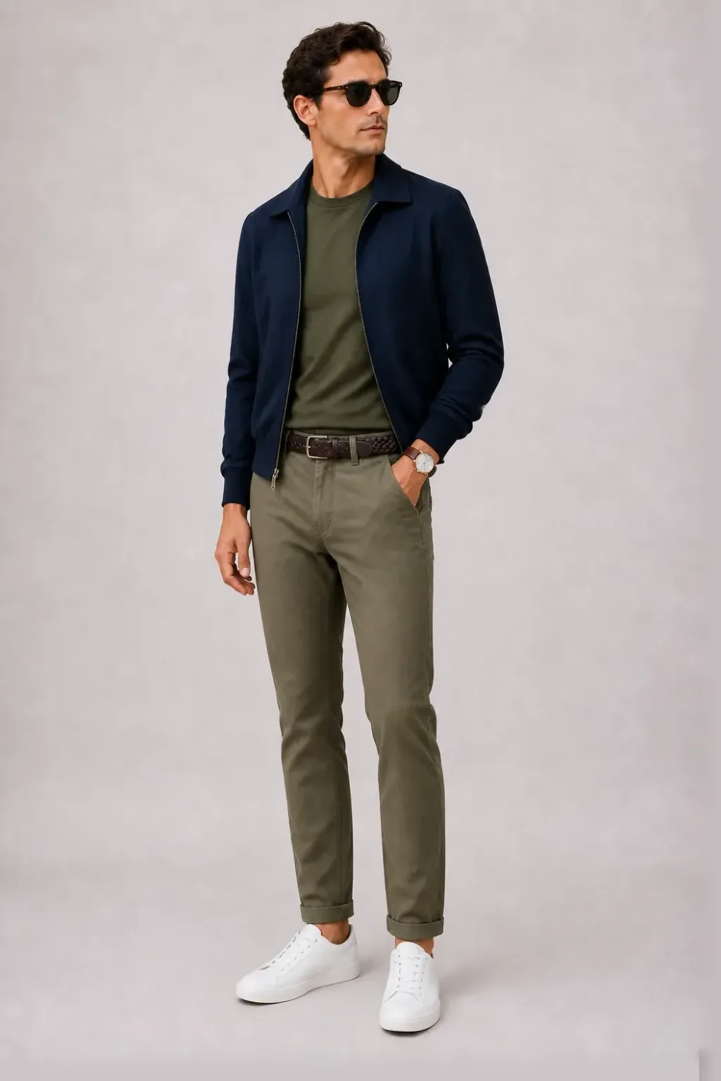 Harrington Blouson Navy über T-Shirt Oliv, dazu Chino Oliv und Canvas Sneaker