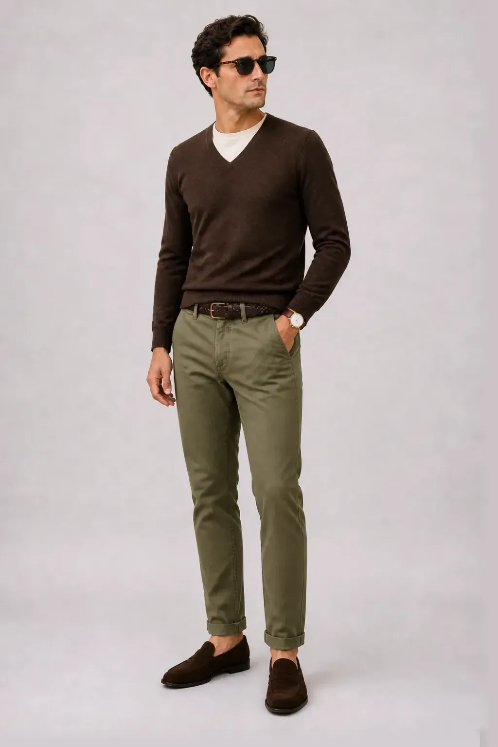V-Neck-Pullover Feinstrick Schokobraun über T-Shirt, dazu Chino Oliv und Penny Loafer Wildleder
