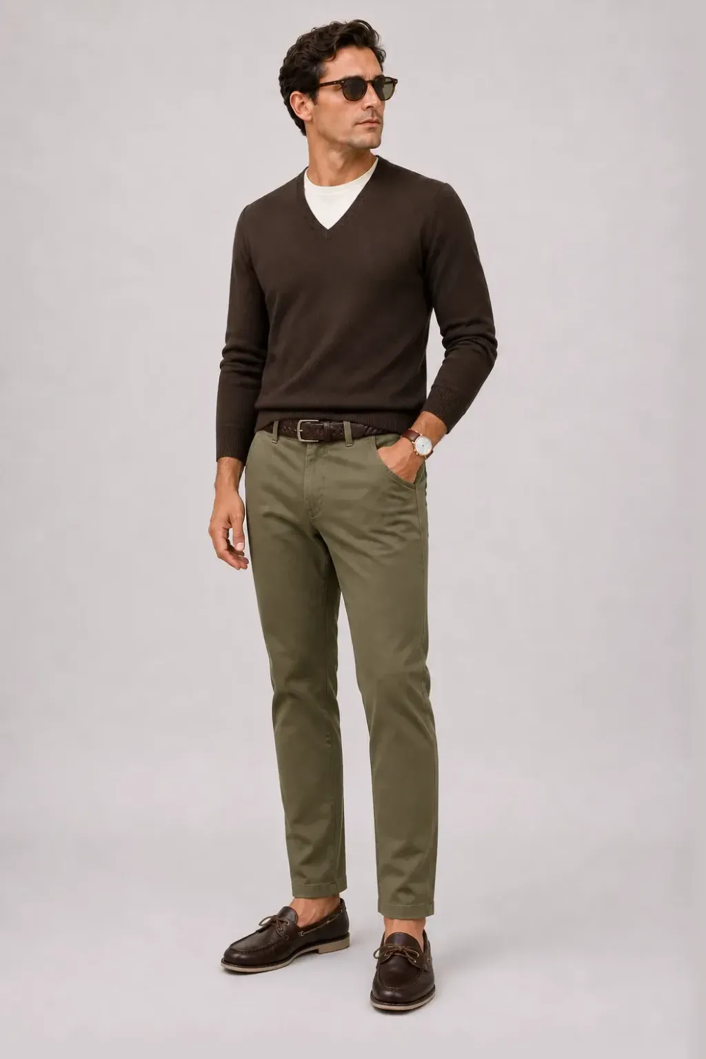 V-Neck-Pullover Feinstrick Schokobraun über T-Shirt, dazu Chino Oliv und Penny Loafer Wildleder