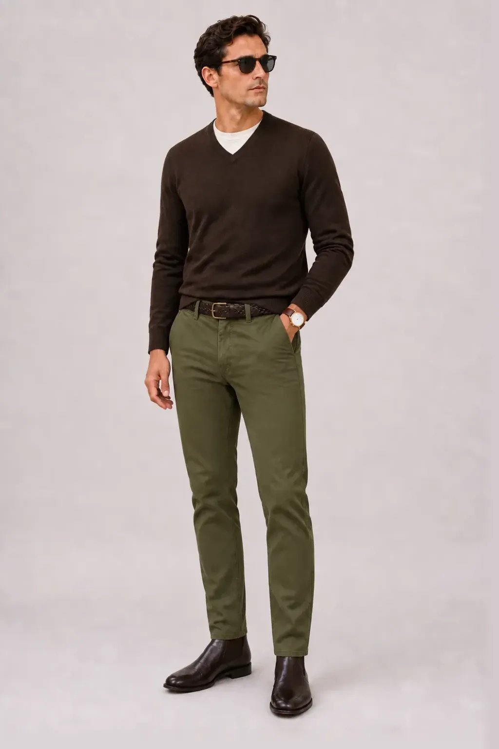 V-Neck-Pullover Feinstrick Schokobraun über T-Shirt, dazu Chino Oliv und Penny Loafer Wildleder — Chelsea Boot Dunkelbraun