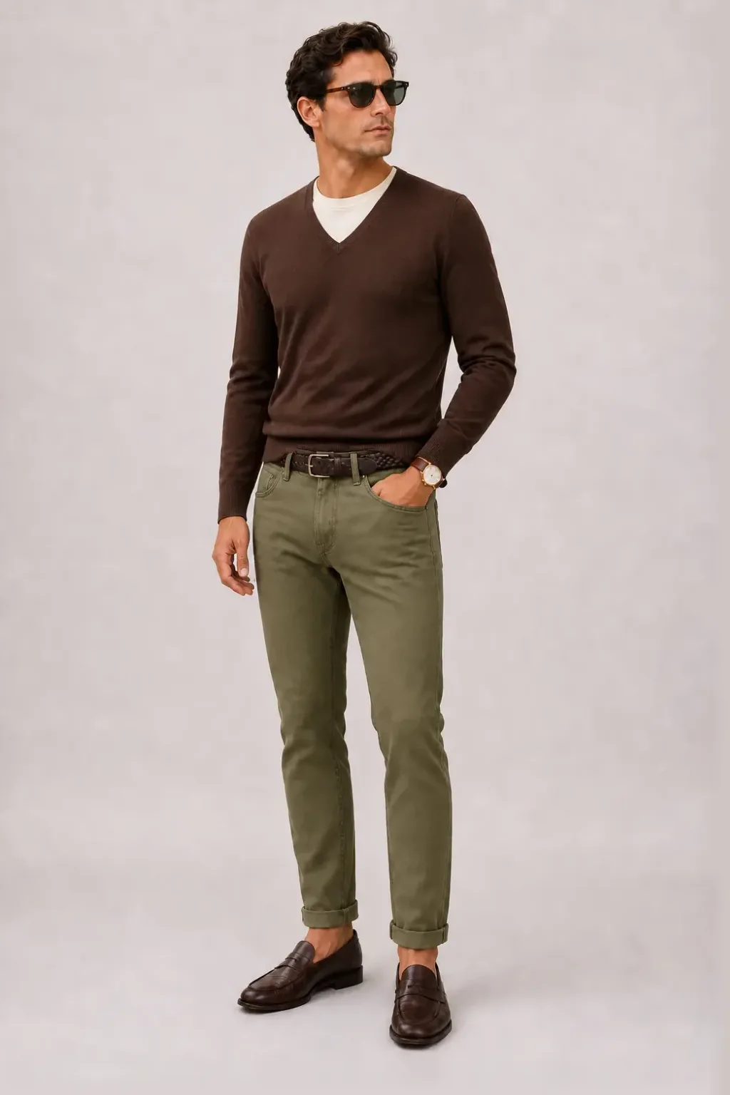 V-Neck-Pullover Feinstrick Schokobraun über T-Shirt, dazu Chino Oliv und Penny Loafer Wildleder — Penny Loafer Dunkelbraun