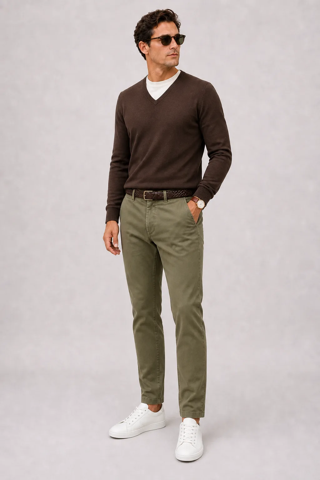 V-Neck-Pullover Feinstrick Schokobraun über T-Shirt, dazu Chino Oliv und Penny Loafer Wildleder — Sneaker Weiss