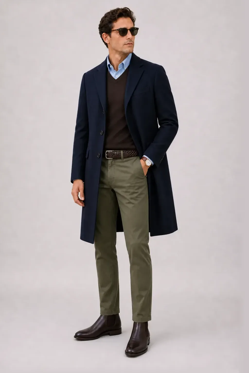 Langer Mantel Navy über V-Neck-Pullover Feinstrick Schokobraun und Button-Down-Hemd Hellblau, dazu Chino Oliv und Chelsea Boot
